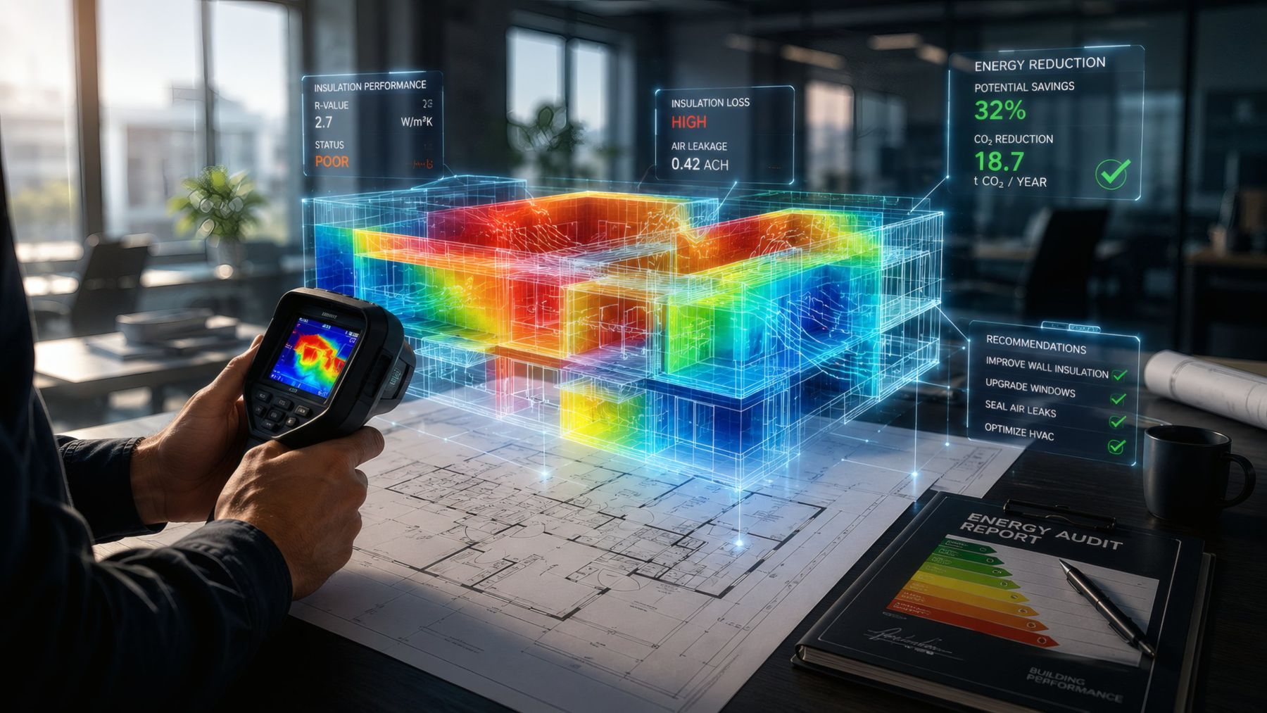 Audytor z kamerą termowizyjną analizuje budynek
